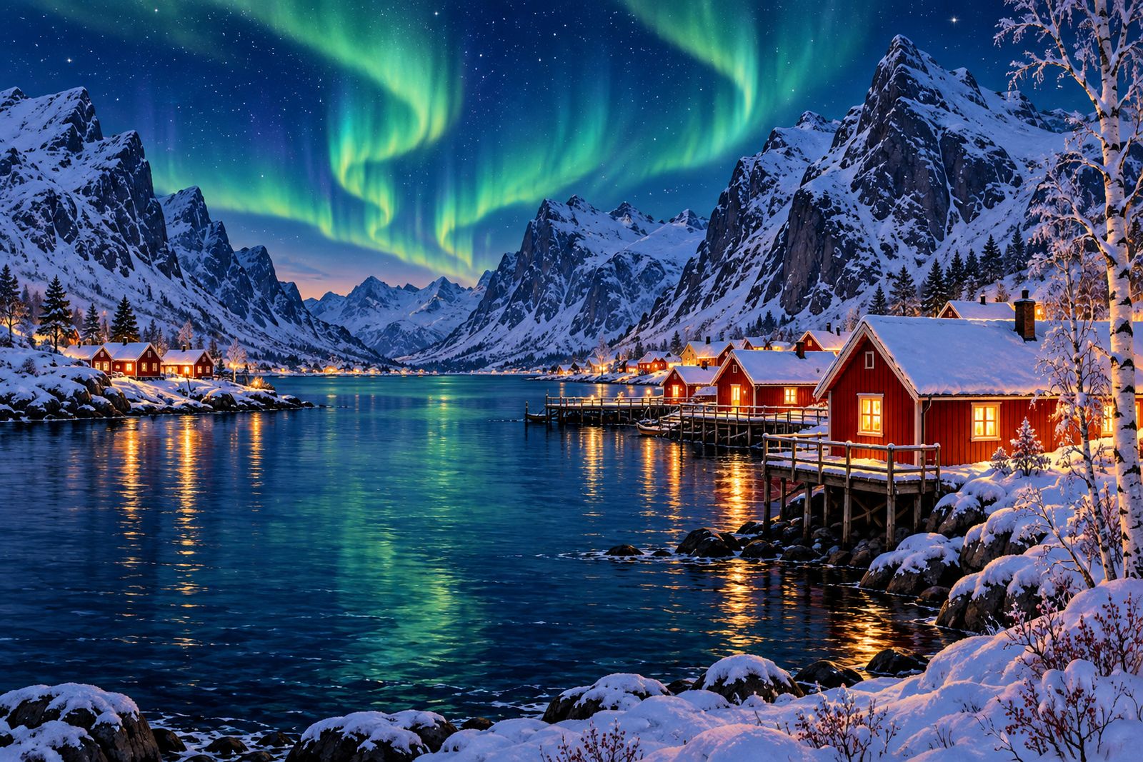 A snowy Norwegian fjord at night, with northern lights above red cabins by the water
